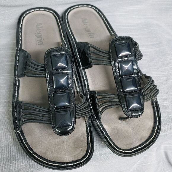 Alegria Black Leather Sandals Flip Flops - Picture 5 of 11